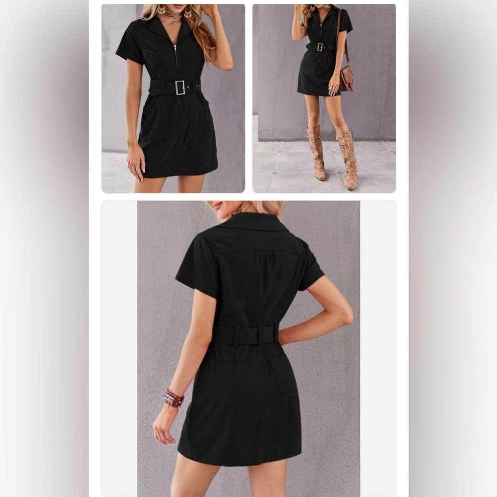 Women’s Corduroy Zip Up, Black Belted Dress - Picture 2 of 5